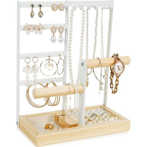 Présentoir à bijoux - Organisateur de boucles d'oreilles - Porte-boucles d'oreilles avec plateau doublé de velours - Boucles d'oreilles, colliers (Blanc) (1/5)