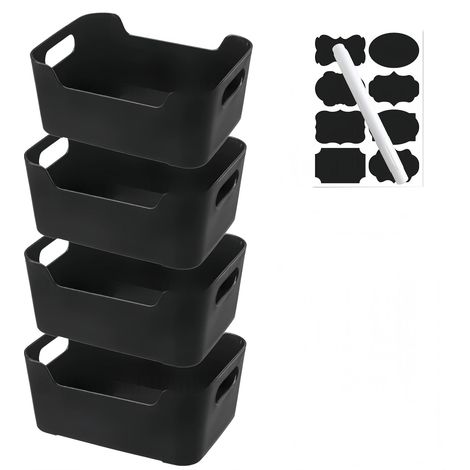 Lot de 4 boîtes de rangement avec poignées – Paniers de rangement à façade basse – Boîtes de rangement en plastique pour cuisine et salle de bain – Bacs organisateurs pour étagères et placards (noir) (1/5)