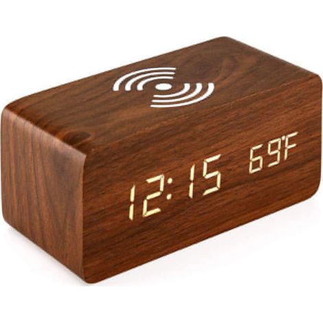 Radio-réveil de chevet sans fil avec écran LED à intensité variable – Sans tic-tac, alimentation secteur, double réveil avec chargeur USB (1/5)