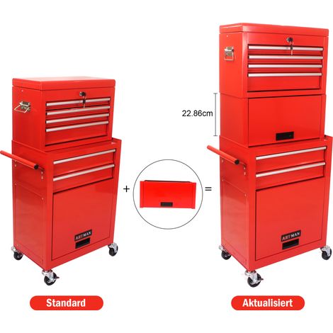 Coffre à outils 6 tiroirs avec verrouillage, équipé de 4 roulettes universelles, système de rangement 2-en-1 amovible pour garage, atelier et réparation, Rouge (1/5)