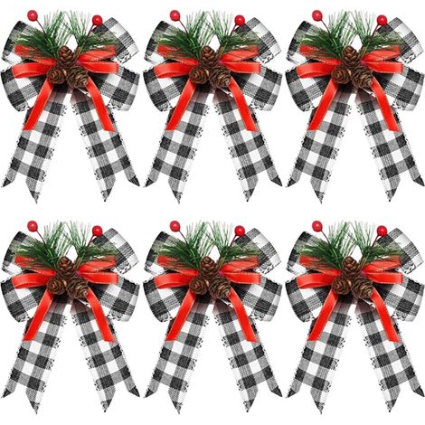Nœud Papillon De Décoration De Noël - En Velours Avec Pommes De Pin Et Baies - 15 x 13 cm - Pour Arbre De Noël Mur Ou Cadeaux - Lot De 6 (1/5)