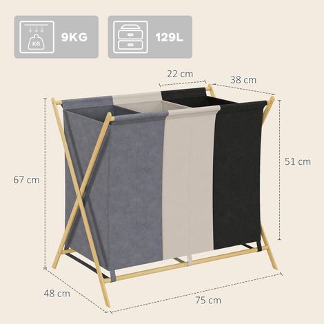 Panier à linge à 3 compartiments, 129 L, pliable, pour buanderie ou chambre, multicolore (1/5)