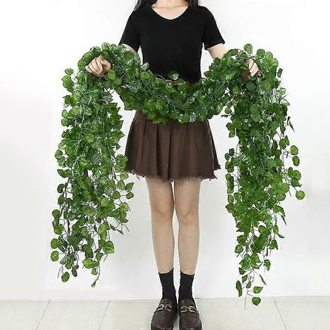 Guirlande suspendue de feuilles de soie vertes, décoration intérieure, plante artificielle en rotin, thème jungle, accessoire de fête d'anniversaire, fausse fleur12 pièces (1/5)