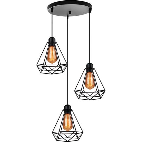 Pendelleuchte, Hängelampe im Industri Stil, Kronleuchter mit Ø20cm Diamant Käfig für Wohnzimmer Schlafzimmer Esszimmer Schwarz - 2 Flammig