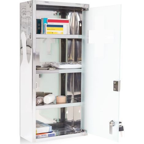 Relaxdays Large Medicine Cabinet, 57 x 27 x 12 cm, Stainless Steel, Lockable, 4 Shelves, With Frosted Glass Door, Silver