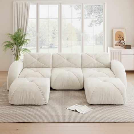 Sofá modular en U de 3 plazas sin armazón, con 2 pufs, chenilla beige claro, 281 x 171 x 76 cm (1/5)