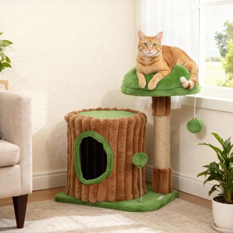 Árbol Rascador para Gatos 53 cm Diseño de Tronco con Casita Cama Poste de Yute Bolas Marrón y Verde (1/5)