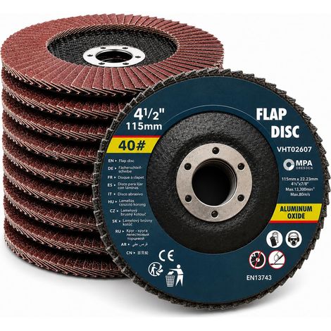 Lot de 10 disques à lamelles Ø 115 mm, grain 40, trou 22,23 mm, oxyde d'aluminium pour meuleuse d'angle, ponçage métal, bois, peintures (1/5)