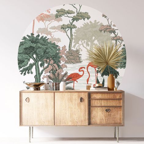 Sticker mural rond / cercle - Flamants Roses - Diamètre 30 cm - Adhésif MAT (1/3)