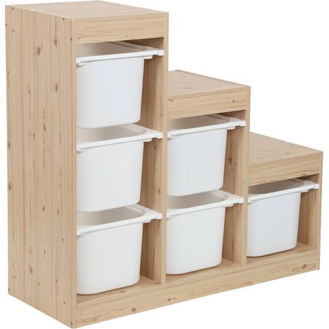 Children's storage unit staircase 6 storage bins wood decor natural - Sora