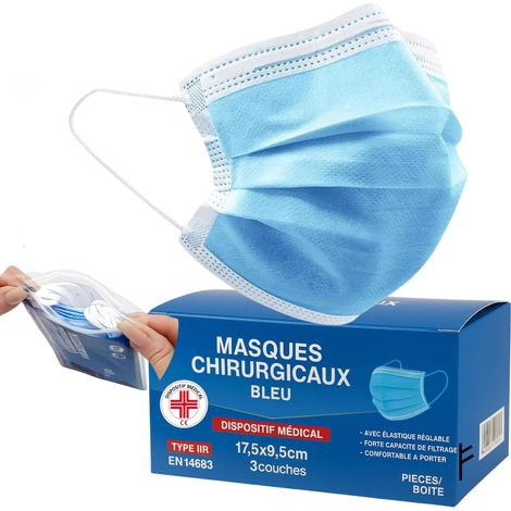 Masques CHIRURGICAUX noir bleu certifiés CE Type IIR BFE ≥ 98% DISPOSITIF MÉDICAL 3 couches de protection chirurgical Ministère de la Santé + crochet économiseur d'oreille (1/5)