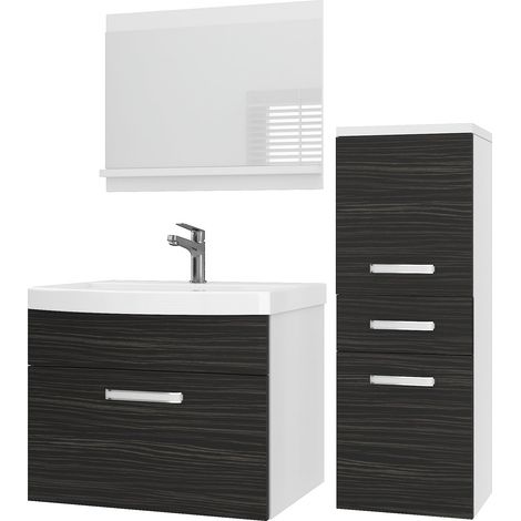 BELINI Meuble de Salle de Bain PRI M2 90 cm - Meuble avec Vasque Céramique + Miroir avec Étagère - Suspendu - Ébène Mat (1/5)