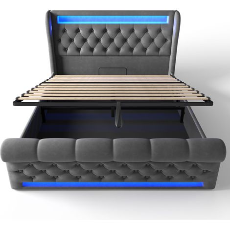 CAIziLit rembourré 140x190 LED USB/Type-C rangement gris (1/5)