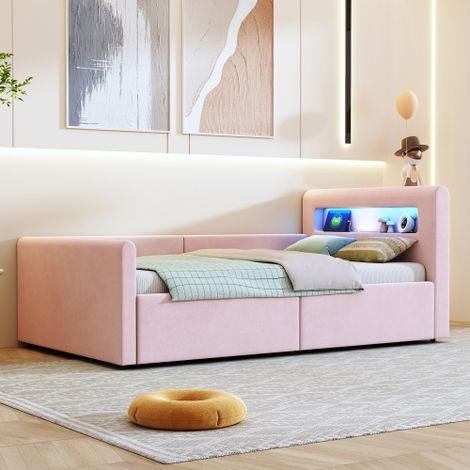 Polsterbett Kinderbett , Mit Nachtlicht und USB-Ladeanschluss, Mit Ablagefächern, Erhöhte Seitenteile zur Sicherheit, Einfaches Einzelbett, Jungen- und Mädchenbett, Kunstlederstoff