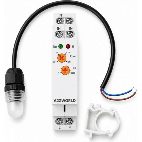 Relè Interruttore Crepuscolare Modulare, 220V 16A, Sensore Luce Esterno Incluso, Regolabile 1-10000 Lux, 1 Modulo Barra DIN