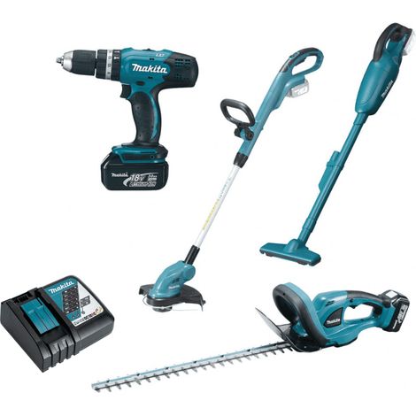 Makita – Pack de 4 outils sur batterie 18V – DLX4093 – Aspirateur, perceuse visseuse, taille-haie 52 cm, débroussailleuse – 2 batteries 3Ah