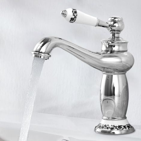 Retro Bathroom Tap, Brass Bathroom Tap, Single-lever Basin Mixer, Retro Vintage Floral Neck Mixer, Adjustable Hot and Cold, For Bathroom, Kitchen (Silver) (1/5)