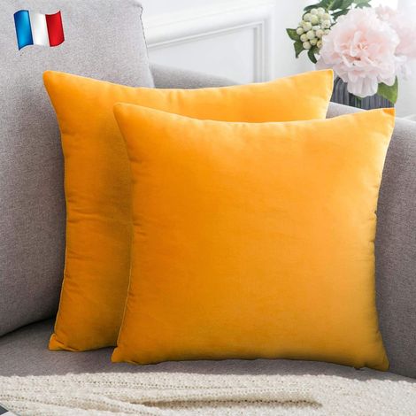 Lot de 2 Housses de coussin Velours 40x40 cm Jaune moutarde, Fermeture invisible, Décoration salon chambre