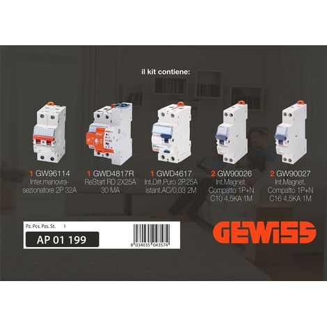 Gewiss Kit perCentralino elettrico completo a normativa 64/8 con interruttore differenziale puro a Riarmo automatico serie GW Power (1/2)