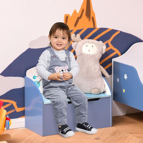 Banc de rangement pour jouets en bois 2 en 1. Coffre avec dossier pour enfants de 3 à 6 ans. 60 x 30 x 50 cm. Bleu.