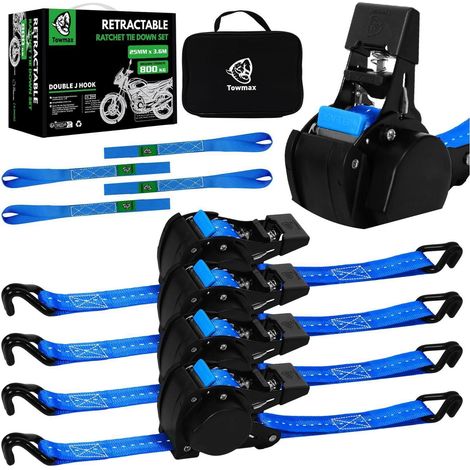 Kit de sangles de serrage automatiques 4 pièces, 3,6m x 25mm avec crochet en J, bleu