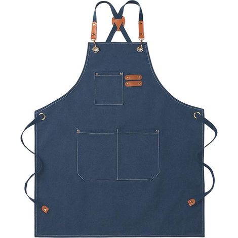 Delantal de lona，Delantal de trabajo unisex，Con tirantes ajustables y 3 bolsillos，Delantal de camarero，Azul (1/5)
