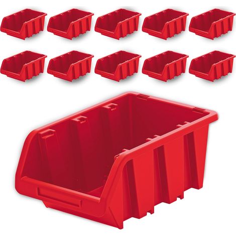 Boîte De Rangement - Lot De 10 - Plastique PP - Empilable Et Murale - Pour Atelier Et Garage - Rouge - 29 x 20 cm (1/5)