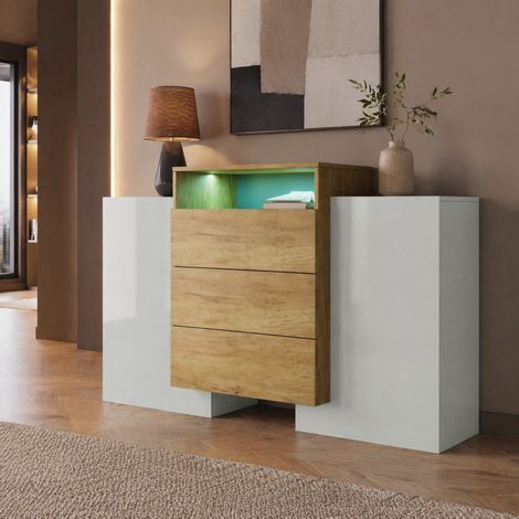 Aparador moderno de 140 cm con 2 puertas, 3 cajones y LED multicolor, acabado blanco alto brillo y madera clara, gran capacidad y diseño original - CHICFURN (1/5)