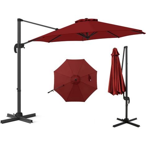 Parasol de Terrasse Rond 294 x 247 cm avec Rotation à 360°, Base en Forme de Croix, 5 Inclinaisons Réglables, 8 Baleines, Manivelle, Rouge (1/5)