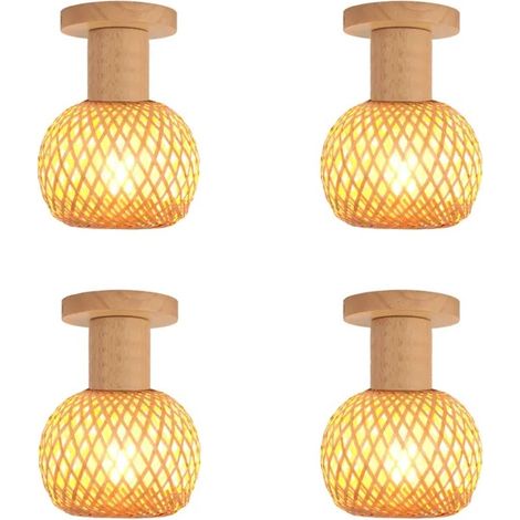 4x Plafonnier Vintage,15cm Lampe de Plafond Industriel Abat-jour en Bambou et Bois Design Réglable E27 Plafonnier Style (1/4)