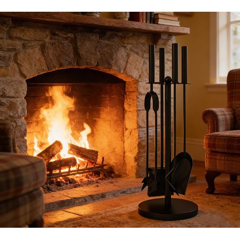 Lot de 5 outils de cheminée avec pelle, brosse, pince, 59,5 cm de haut, base ronde lestée Ø 18 cm, acier revêtu de poudre noir (1/5)