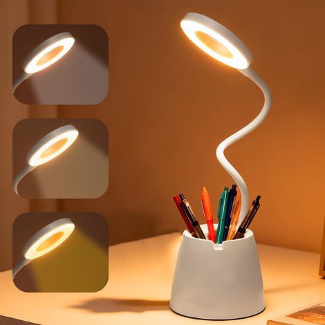 Schreibtischlampe, Kinderschreibtischlampe, dimmbar, 3 Beleuchtungsmodi, integrierter Stifthalter und Handyhalterung, LED-Lernlampe für Mädchen (Weiß) (1/5)