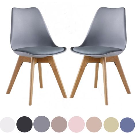 Ensemble de 2 chaises de salle à manger rétro Lorenzo - Rembourrée en similicuir, corps en plastique et pieds en bois massif - Gris