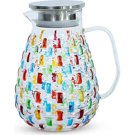 Pichet en verre cristal coloré peint à la main avec couvercle en acier inoxydable – Design de tissage coloré, carafe à eau, thé glacé, d'eau chaude/froide, jus et (1/5)