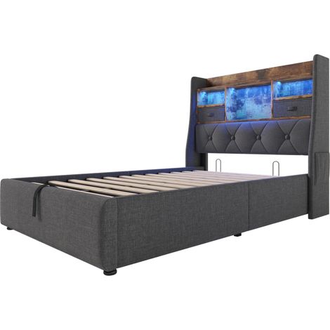 Cama con canapé 90x200 cm con cabecero LED y puertos USB/Type-C, lino gris, con colchón HOMVRA (1/5)