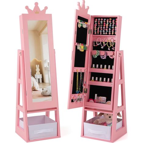 Goplus – Armoire à bijoux enfant 3 en 1 avec miroir sur pied – Tiroir pliable – Anti-basculement – Dimensions 31,5 x 30 x 115 cm – Rose (1/5)