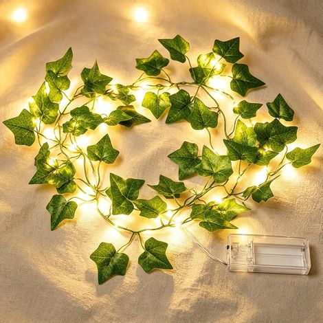 Decorative string lights with artificial green ivy leaves, 2m, 20 warm white LEDs, timer function, battery operated, for weddings, bedrooms, and gardens (1/5)