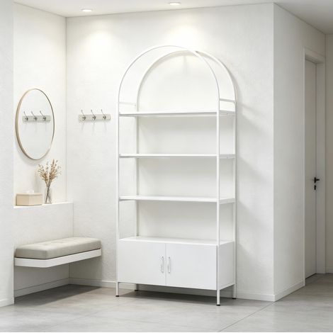 Libreria 80x30x187 cm in acciaio e pannelli di particelle bianco, salvaspazio ufficio – MEUBLIV (1/5)