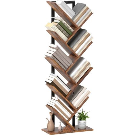 9-stöckiges Baumregal, industrielles Aufbewahrungsmöbel mit Stahlrahmen, 50 x 24 x 136 cm, rustikales Braun (1/5)