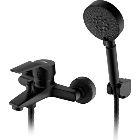 Robinet Baignoire Noir avec Douchette 5 Jets, Mitigeur Douche Mural avec 1,5m Flexible et Support, Robinetterie de Bain Monocommande Mural en Laiton pour Salle de Bain (1/5)