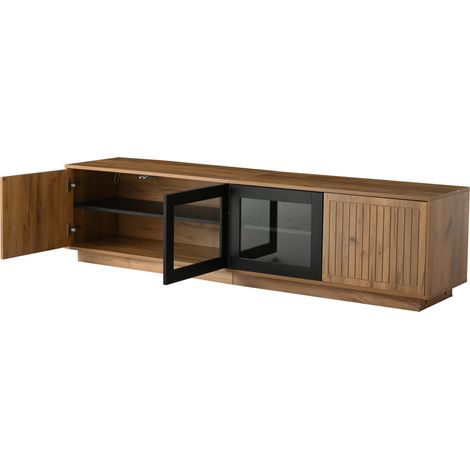 Mueble TV de 180 cm con puertas de vidrio y LED, acabado natural y negro (1/5)