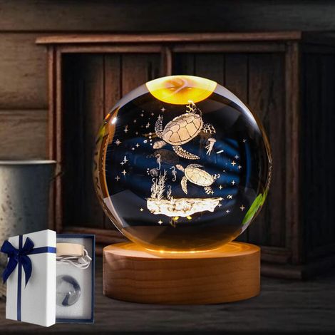 Lampada notturna a sfera di cristallo 3D a forma di tartaruga da 8 cm, con base a luce calda da 7 cm e cavo USB, adatta a bambini e amici.