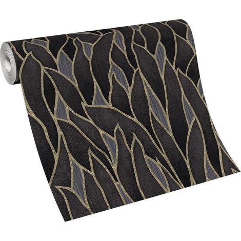 Papier peint chic motif feuille anthracite & or | Tapisserie feuille élégante chambre adulte | Papier peint intissé feuille couloir & entrée (1/5)