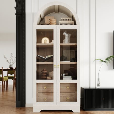 Aparador alto con puertas de vidrio y cajones (76.2x40.1x180 cm), estantes regulables, MDF, vidrio, blanco (1/5)