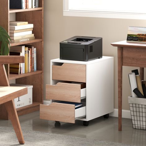 Caisson bureau mobile, meuble rangement bureau sur roulettes, 3 tiroirs, blanc et chêne, 40x50x57,5cm