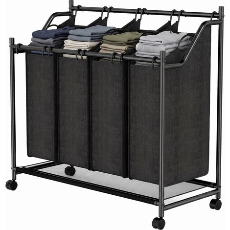 Panier à linge à roulettes avec poignée, 108 L, 4 compartiments, noir (1/5)