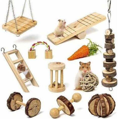 Spielzeugset aus Naturholz für Nagetiere – Für Hamster, Meerschweinchen und Mäuse – 11-teiliges Zubehörset für Haustierkäfige (1/5)