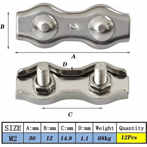 Duplex Pinces En Acier Inoxydable Double Serre CâBles Inox Connecteur De Corde Pince Serre CâBles Duplex Pince M2 Pince De CâBle Pour CâBles De CâBles MéTalliques De 1.5mm, Argent 12 PièCes (1/4)