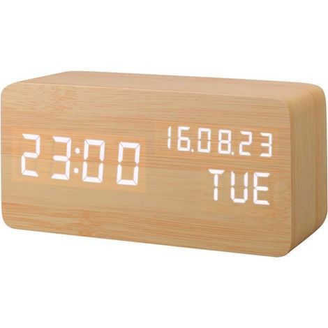 Sveglia a LED in legno artificiale, orologio digitale con attivazione sonora, indicatore di temperatura e umidità, calendario, luminosità e alimentazione tramite USB. (1/5)