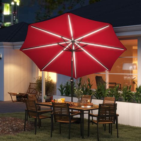 Parasol jardin Ø292x252cm lumières LED solaires ajustables inclinaison tournage manivelle terrasse, bordeaux